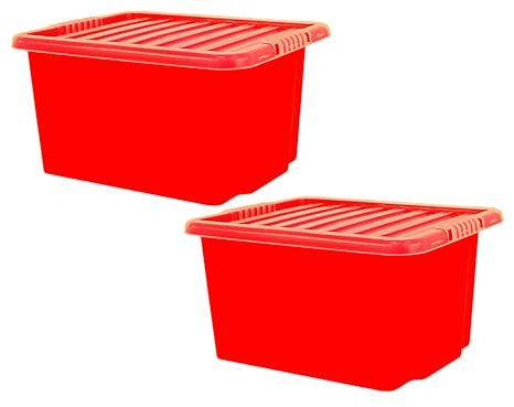 Pemienterprize Ltd 2 x 24L Red Plastic Containers with Lids Stackable Cupboard Organising Crates Toys Shoes Stationery Tools Storage Boxes for Garage Office Kitchen Garden