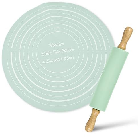 Thatyro Silicone Rolling Pin Backing Mat Set, 13 Dough Roller with Non Stick Pastry Sheet, Small Fondant Roller Round Kneading Mat for Bread Cookie Pie Pizza Sourdough Kitchen (Mint Green)