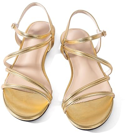 Mtzyoa Women Flat Sandals Dressy Strappy Gladiator Summer Ankle Strap Nude Open Toe Comfortable Wedding Casual Leather Ladies Party Trendy Vacation, Gold, 5.5 UK
