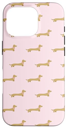 iPhone 16 Pro Gold Dachshund Coquette Pink Bow Wiener Dog Doxie Sausage Case