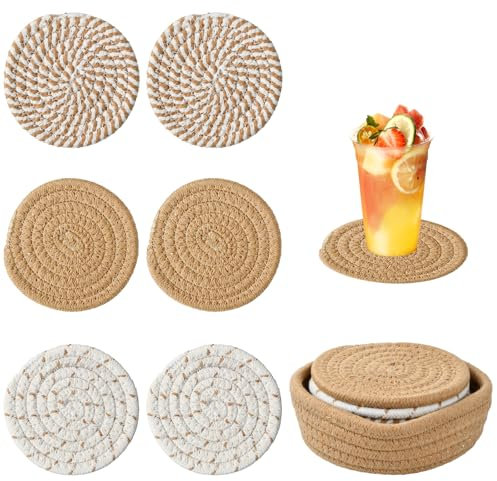 Saugfähigen Tasse Untersetzer-Set, 6 Stück Runde Handgefertigt Geflochtenes Untersetzer aus Baumwolle, Boho Untersetzer Gläser mit Ablagekorb, Untersetzer für Bar, Küche, Esstisch, Büro, Cafés