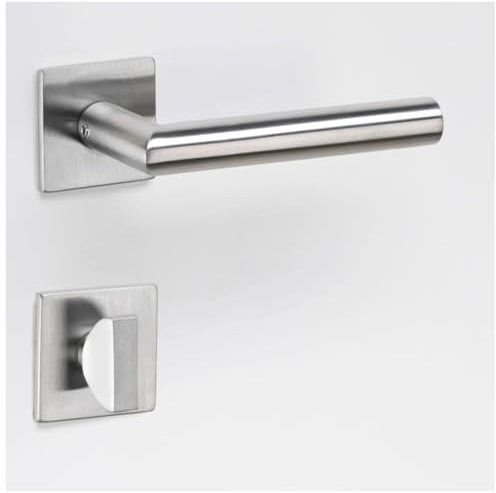 HORI Türgriff aus Edelstahl - für alle Innentüren & Zimmertüren geeignet - L-Form eckige Rosette - Drückergarnitur linke und rechte Türen - Modell: Silber & Eckig - WC Schloss