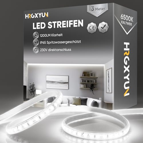 HRGXYUN 230V LED Streifen Aussen, SMD 2835 IP65 Wasserdicht, Bande LED Durchsichtig 1200LM Ohne Trafo Flexible Kürzbar für Zimmer und Außen Dekoration Beleuchtung, 6500K Kaltweiß, 3m