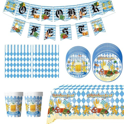 Oktoberfest Dekorationsset,Party Dekorationen Mit Thema Und Banner | Blau-Weiß-Lebendige Farben Servietten Tassen Seil Für Festzelt Rasen Garten Park