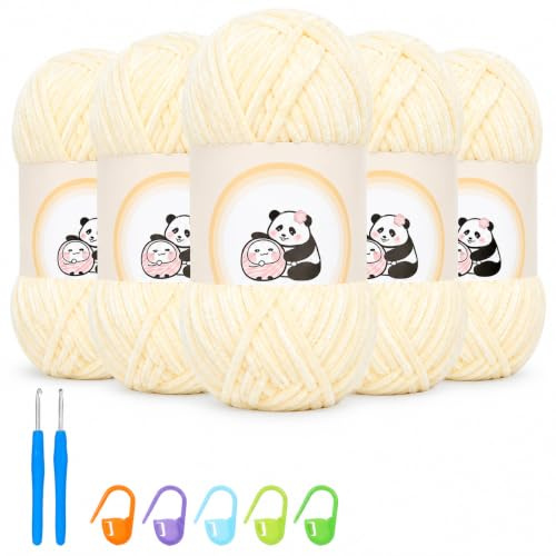 5 Roll Chenille Wolle zum Häkeln, 5x100g Dicke Samtig Chenillegarn | Flauschige Weiche Garn, Soft Chunky Yarn zum Stricken Flauschgarn für DIY Decken Schals Amigurumi Kissen (Weiß)