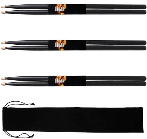 3 Paar Drumsticks 5A aus Premium Ahornholz, Schlagzeugstöcke mit Holzspitze und Tragetasche, Ideal für Anfänger, Schüler und Erwachsene-Ganz schwarz
