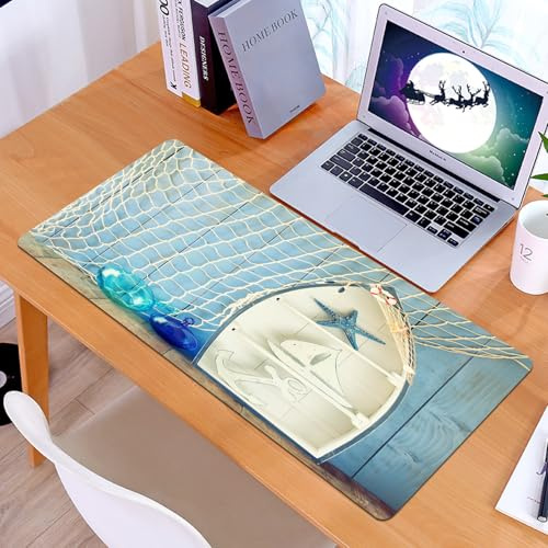 KDWJS Tapis de Souris XXL Speed Gaming - 90x40 cm - Base en Caoutchouc antidérapant Extended - Améliore la précision et la Vitesse - Décoration Nautique, Objets Marins sur Bois avec Bateau Vintage AV