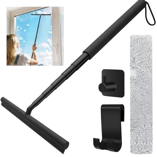 GAESHOW Duschabzieher Langer Stiel, 30-140 cm Ausziehbar Duschabzieher Schwarz, 2 in 1 Abzieher Dusche Silikon mit Mikrofaser Fensterabzieher, zum Reinigen von Fenstern und Spiegeln