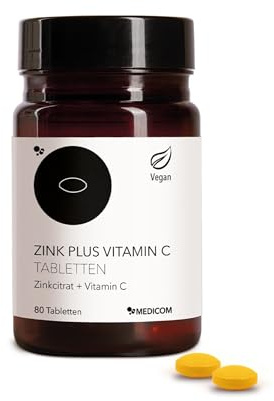 Medicom - Zink plus Vitamin C, 80 Tabletten, Vegan, für Immunsystem | Immunsystem, Haut, Haare, Nägel, Sehkraft, Vegan, Glutenfrei, Laktosefrei, Kombiformel, Zellschutz, Stoffwechsel, Aktiv