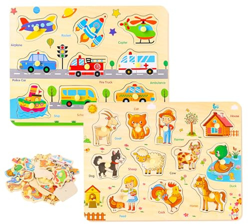 GSrenyu 2Pcs Wooden Peg Puzzles for Kids 3+ Year Olds | Farm Animal Transportation Jigsaw Puzzles, Educational Kids Learning Toys, Fine Motor Skills, Gifts for Girls Boys