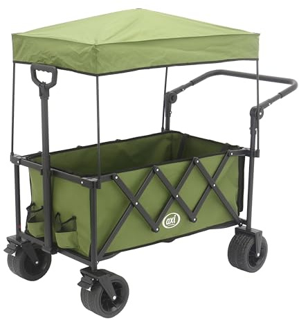 AXI SB221 Faltbarer Bollerwagen mit Dach in Grün | Handwagen Klappbar/Faltbar mit Zug- & Schiebestange, Gurt, Hülle, & Getränkehalter - PP Gummireifen | Kapazität: 130 l