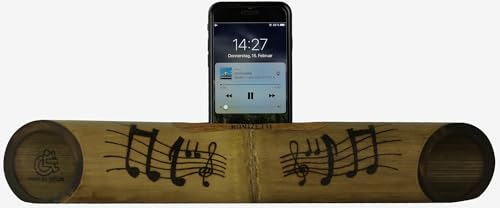 Bonizetti altoparlante in bambù 45 cm pirografato, fatto a mano, legno massiccio, cassa musicale per cellulare | motivo note, amplificatore zero waste