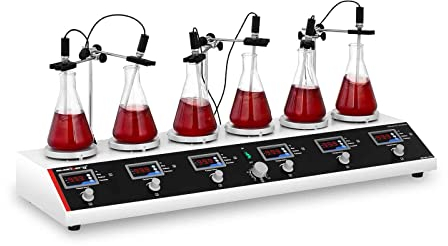 Steinberg Systems Magnetrührer mit Heizplatte SBS-MR-1600/6 (6 Stellplatten Ø 12 cm, 5-99°C, 1000 ml, Timer 120 min, 870 W, 1600 U/min, inkl. 12 magnetische Rührstäbe)