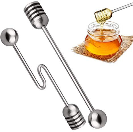 2 Pieces Stainless Steel Honey Dippers Stirring Stick Stirrer, Straight and Curved Syrup Spoon Wand Serve for Honey Pot Jar Containers