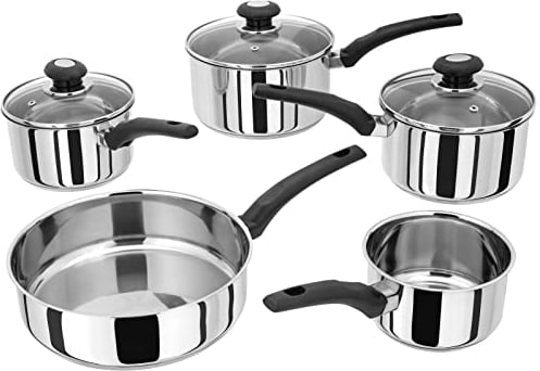Judge Essentials Stainless Steel Set of Pans, 5-Piece Set, 14cm Milk Pan, 26cm Frying Pan, 16cm, 18cm & 20cm Saucepans with Vented Glass Lids, Induction Ready, 10 Year Guarantee