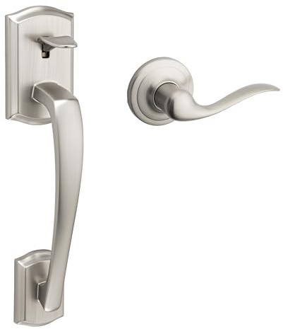 Kwikset Prescott Front Door Handle No Lock, Entry Handleset Exterior with Interior Reversible Handed Lever, Non-Locking, Satin Nickel, Deadbolt Not Included, with Microban Protection