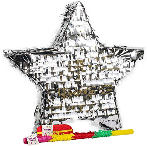 Trendario Pinata Stern Set, Pinjatta + Stab + Augenmaske, Ideal zum Befüllen mit Süßigkeiten und Geschenken - Piñata für Kindergeburtstag Spiel, Geschenkidee, Party, Hochzeit (Silber)