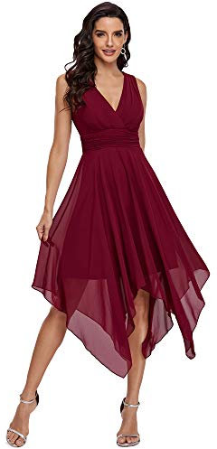 Ever-Pretty Robe de Demoiselle d'honneur Longue Femme Asymétrique Col en V en Mousseline de Soie Plissé Classique Bordeaux 40