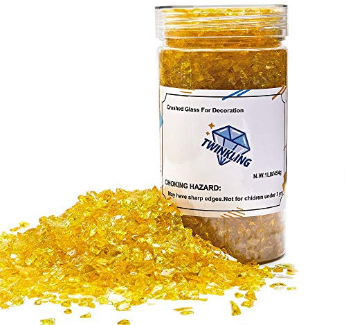 TWINKLING Hochglanz-Feuerglas-Kies, Stein-Glitzer, zerbrochenes Glas, Feuersteine, zerdrücktes Glas für Feuerstellen, Basteln, Kunstharz, Kunst, Aquarium, Garten, 3–6 mm, 1.5 kg Glas (gelb)
