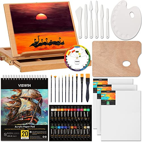 VISWIN 48 Pcs Basic Kit de Peinture Acrylique, Kit de Fournitures de Peinture d'Art avec Chevalet de Table en Bois et Autres Fournitures, 24 Kit de Peinture Acrylique pour Adultes, Débutants, Artistes