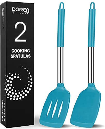 Silicone Spatula, 2 Pack Heat Resistant Slotted & Solid Spatula Set Kitchen Turner BPA Free, Non Stick Flexible Large Blue Silicone Spatulas for Cooking Flipping Pressing Fish Eggs Pancakes