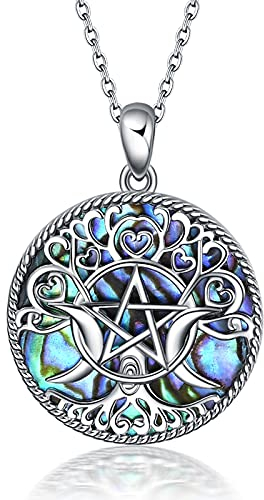 YFN Triple Moon Göttin Halskette Sterling Silber Pentagramm Pentagramm Anhänger Halskette Pagan Wiccan Magic Amulett Baum des Lebens Schmuck für Frauen Männer Women
