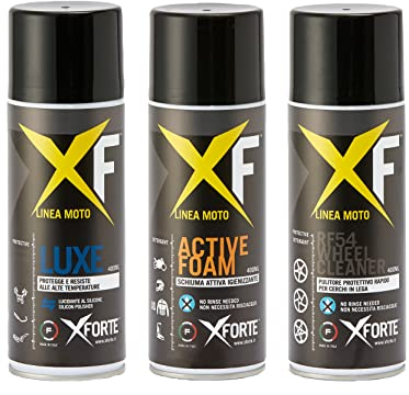 Kit Moto XFORTE Pulizia E Protezione, Tre Prodotti Senz'acqua E Senza Risciacquo, RF54 Detergente Per Cerchi, ACTIVE FOAM Schiuma Attiva Detergente Casco E Moto, LUXE Lucidante Protettivo.