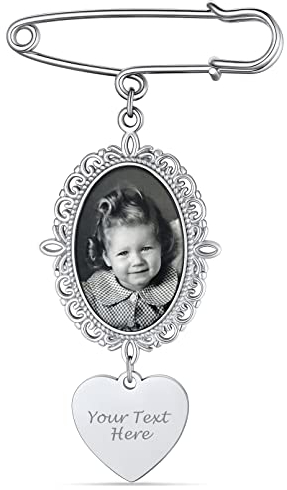 Custom4U Edelstahl Fotobrosche Silber mit Bildgravur Memorial Anhänger Brautstrauß mit Foto Anhänger Silber für Hochzeit Boutonniere Pin Bouquet Charms