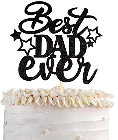 SYKYCTCY 1 Pack Happy Father's Day Cake Topper Glitter Best Dad Ever Cake Pick Super Dad Star Cake Decoration for Happy Father's day Theme Men Birthday Party Supplies Black