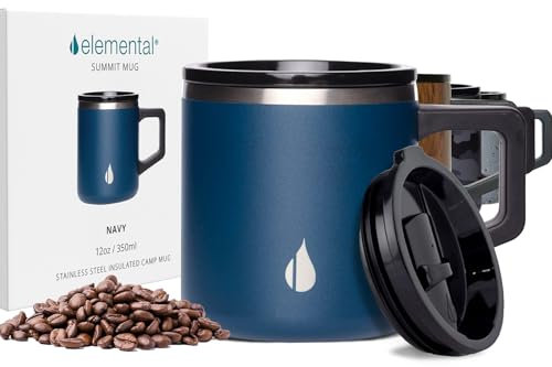 Elemental Insulated Coffee Mug - Triple-Wall Stainless Steel Summit Travel Cup for Hot and Cold Drinks - Thermal Coffee Mug with Lid and Handle for Camping, Office & Travel 350ml - Navy Blue