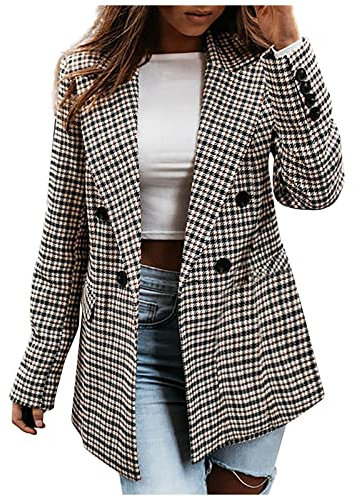 Veste Femmes Pied De Poule Décontracté Double Boutonnage Plaid Costume Veste Manteau À Carreaux À Manches Longues Costume Blazer Travail Bureau d'affaires Mode Smart Automne Hiver Outwear