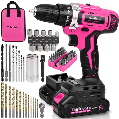Pink Cordless Drill Set, 20V Lithium-ion Power Drill Set for Women with 67Pcs Driver Bits, 3/8Keyless Chuck, 25+1 Position, 2.0Ah Battery, Charger and Storage Bag Included