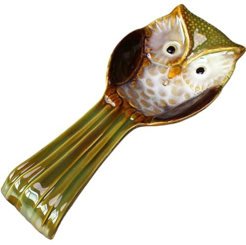 BESTonZON Spoon Holder Owl Spoon Rest Ceramic Ladle Holder Kitchen Spatula Ladle Utensil Rest Keeper Cooking Spoon Organizer Side Dishes for Stove Countertop Green Christmas Spoon Rest