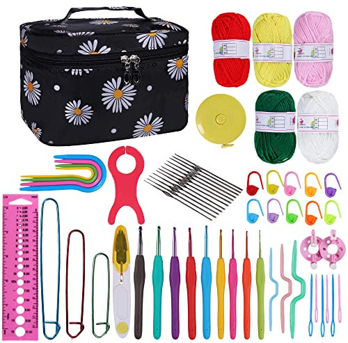 HCSSZ Häkelsets für Anfänger, Erwachsene, Kinder, 59 Stück mit 0,6 mm - 6 mm ergonomischen Metall-Häkelnadeln, Wollgarn, Nadeln, Strickzubehör und Aufbewahrungstasche, Häkel-Starter-Set (schwarz)