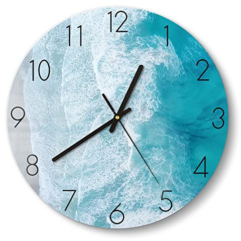DEQORI Glasuhr | rund Ø 30 cm | Motiv Meeresbrandung von oben | ausgefallene leise Design Uhr aus Glas | Wanduhr für Wohnzimmer & Küche | moderne Hingucker Uhr für die Wand