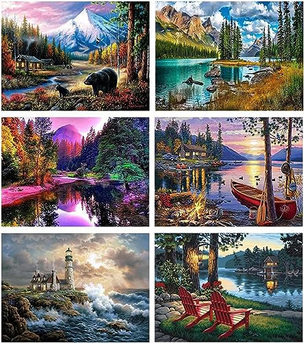 AIKEWO 6 Pack Landscape Paint by Number for Adults, DIY Acrylic Painting Gift Kits, 12X16 Inch Canvas, Unisex, All Seasons