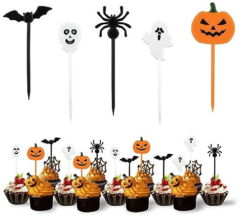 100 Stück Halloween Cupcake Topper, Lustige Halloween Cake Topper Fledermaus Geist Kürbis Spinne Halloween Cupcake Dekoration für Halloween Party Kindergeburtstag (Zufällige Farbe)