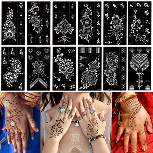 Temporäre Tattoos Schablone Set, 12 Blatt Henna Tattoo Schablone Indischer Arabischer Hände Tattoo Fuß Tattoo Vorlagen für Frauen Finger Körper