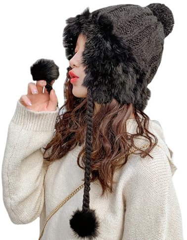 Funmo Damen Beanie Mütze mit Bommel Wintermütze Warme Strickmütze Fleecefutter Wintermütze Cuffed Beanie Mütze mit Bommel, Weichem Innenfutter Gefütterte Winterhüte