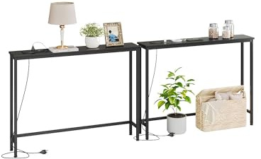 VERMESS 200 * 80 * 15cm Console Table with Charging Station, Height-Adjustable Slim Behind Sofa Table, Long Behind Couch Table with USB Ports, for Hallway, Living Room and Office, Black