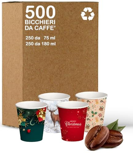 GM Kit 500 Bicchieri Natalizi - 250 Bicchieri caffè in carta da 75 ml + 250 Bicchieri bevande da 180 ml, monouso usa e getta, biodegradabili, con stampe natalizie, motivo invernale.
