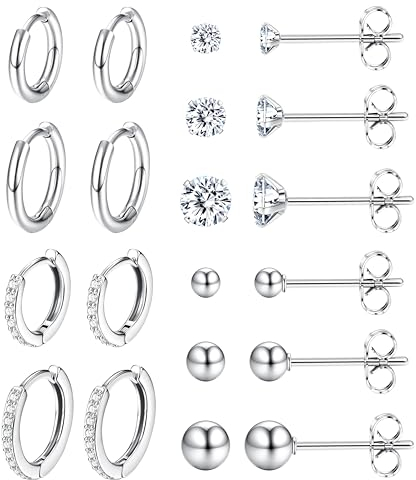 Dochais 10 Paar Ohrringe Damen Herren Kleine Ohrstecker Set 316L Chirurgenstahl Silber Huggie Creolen Ohrringe Hypoallergen CZ Piercing schmuck geschenk Mädchen Frauen (Hellsilber)