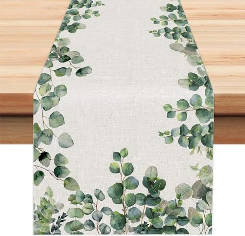Eukalyptus Frühling Tischläufer Grünes Blatt Tischlaufer Sommer Küche Waschbar Esstisch Dekoration Tischdecke für Drinnen und Draußen Urlaub Party Wohnzimmer Dekor 40 x 140 cm