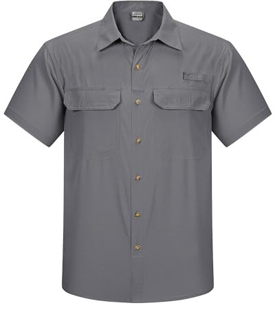 Outdoor Ventures Men's Quick Dry Casual Shirts UPF 50 Button Down Hiking Shirts Lightweight Short Sleeve Cooling Shirt for Safari Fishing Golf Travel Grey L