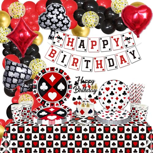 173Pcs Casino Geburtstag Dekorationen - Poker Teller, Servietten, Tassen, Luftballons, Geburtstag Banner, Cake Topper und Tischdecke für Poker Casino Party Supplies, serviert 20 Gäste (Casino-L)
