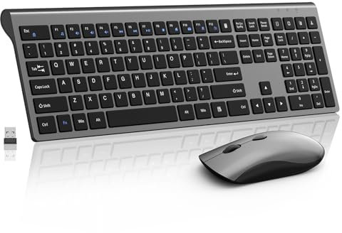 Combo de teclado y mouse inalámbricos, teclado delgado y delgado con receptor USB, clic silencioso, 2400 DPI, interruptor de tijera inalámbrico de tamaño completo, para laptop, PC, Windows, gris y