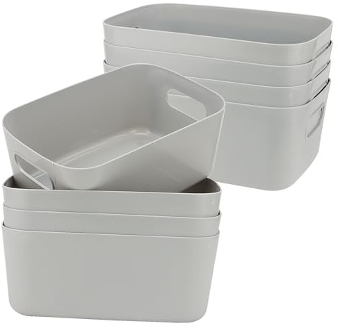 SINJEUN 8 Stück Aufbewahrungsbox Kunststoff Grau, 25 x 16,5 x 10cm Küchenschrank Organizer Box mit Griff, Aufbewahrungsboxen Plastik Aufbewahrungskorb Kunststoffkorb für Küchen Badezimmer