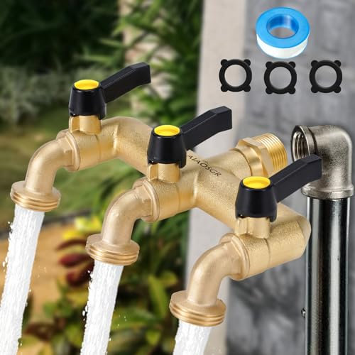 ATAOSGR Rubinetto esterno in ottone resistente, rubinetto da giardino a 3 vie, ingresso maschio NPT 1/2 e beccuccio maschio GHT 3/4 a 3 vie con 3 interruttori a valvola separati, rubinetto