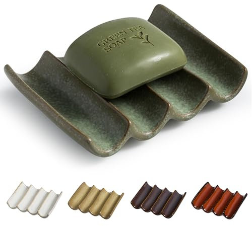 Cormomu Porte-Savon en céramique drainant – Design cannelé – Porte-Savon pour Douche et Salle de Bain – Élévateur de Savon – Vert