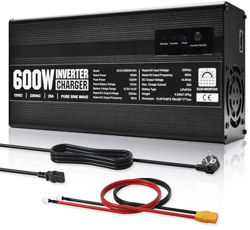 ECO-WORTHY 14,6V 25A LiFePO4 Ladegerät mit 600W Wechselrichter 12V auf 230V, Netzvorrangschaltung und USV Funktion, für LiFePO4 Deep Cycle Batterie, KFZ, LKW, PKW